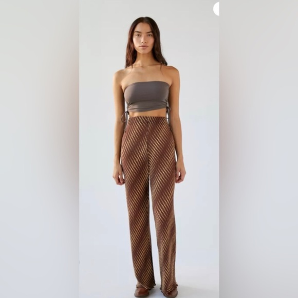 UO Margot brown dotted Printed Wide-Leg high waist Pants size‎ large new - Picture 1 of 14